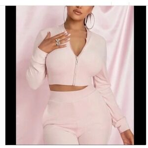 Y2K Pink Velvet Velour 2 pc Tracksuit Bling Crop Jacket Top L & M Sweat Pants